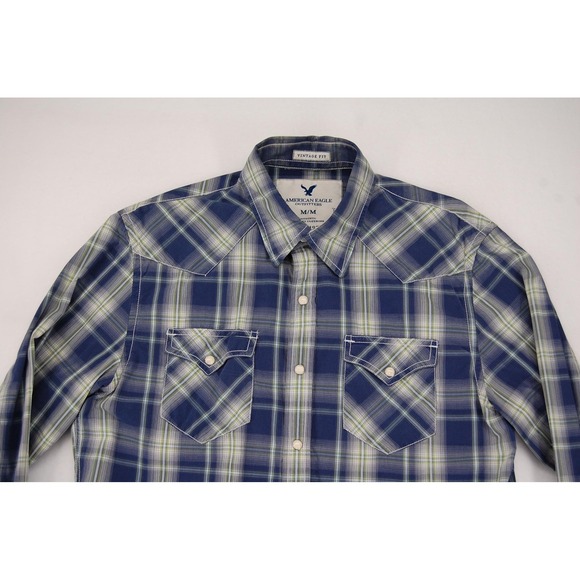 American Eagle Outfitters Shirt Mens Medium Blue Plaid Western Snap Vintage Fit - Picture 3 of 10